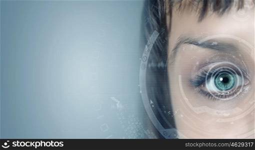 Person identification. Close up of woman eye in process of scanning