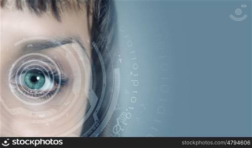 Person identification. Close up of woman eye in process of scanning