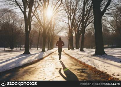 Person jogging in park on winter sunny day. Running at sunrise. Active person. Cardio training. Physical fitness. Cardio workout. Healthy lifestyle. Daily routine for active person. Body exercising