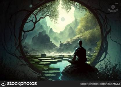 person, meditating in peaceful setting, with source of consciousness visible, created with generative ai. person, meditating in peaceful setting, with source of consciousness visible