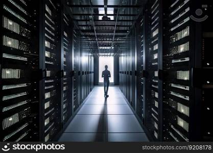 person, navigating labyrinth of racks and servers in data center, created with generative ai. person, navigating labyrinth of racks and servers in data center