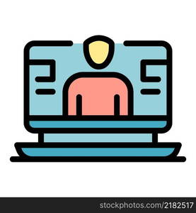 Person on laptop screen icon. Outline person on laptop screen vector icon color flat isolated. Person on laptop screen icon color outline vector