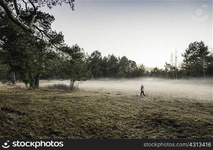 Person on misty open field, Augsburg, Bavaria, Germany