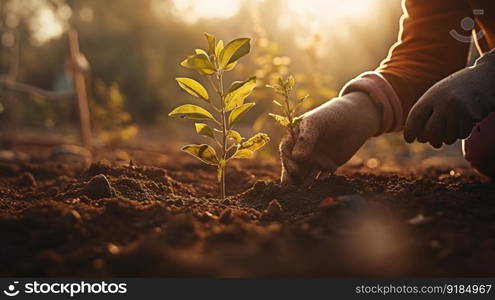 Person Planting Trees in a Community Garden to Promote Local Food Production and Habitat Restoration. Generative AI