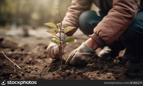Person Planting Trees in a Community Garden to Promote Local Food Production and Habitat Restoration. Generative AI