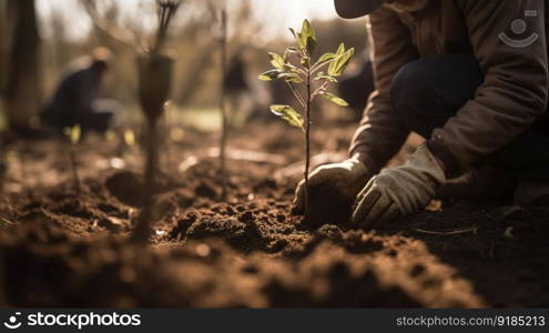 Person Planting Trees in a Community Garden to Promote Local Food Production and Habitat Restoration. Generative AI