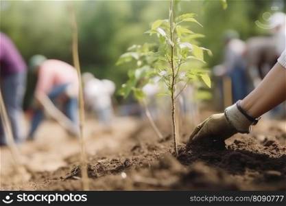 Person planting trees or working in community garden, closeup on plant, blurred background with other people. Generative AI. Person planting trees or working in community garden, closeup on plant. Generative AI