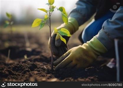 Person planting young tree, closeup on hands and plant, blurred background. Generative AI. Person planting young tree, closeup on hands and plant. Generative AI