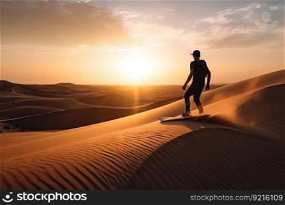 person, riding sandboard down dune, with the sunset in background, created with generative ai. person, riding sandboard down dune, with the sunset in background