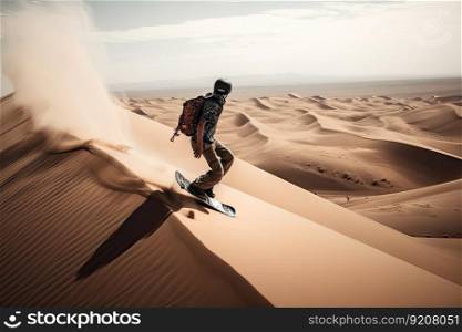 person, riding sandboard down the dunes of the hot desert, created with generative ai. person, riding sandboard down the dunes of the hot desert