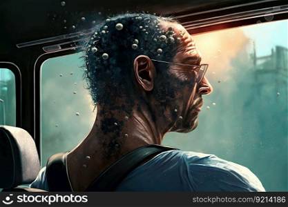 person, riding the bus during hot and humid summer day, with sweat dripping on the back of his neck, created with generative ai. person, riding the bus during hot and humid summer day, with sweat dripping on the back of his neck