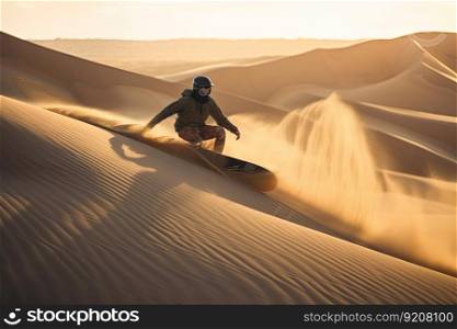 person, riding the waves of sand dunes on board, created with generative ai. person, riding the waves of sand dunes on board