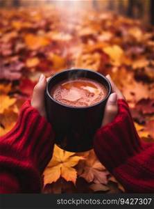 Person&rsquo;s Hands Holding a Mug of Steaming Hot Beverage Amidst a Backdrop of Fall Foliage. Generative ai. High quality illustration. Person&rsquo;s Hands Holding a Mug of Steaming Hot Beverage Amidst a Backdrop of Fall Foliage. Generative ai