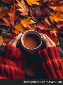 Person&rsquo;s Hands Holding a Mug of Steaming Hot Beverage Amidst a Backdrop of Fall Foliage. Generative ai. High quality illustration. Person&rsquo;s Hands Holding a Mug of Steaming Hot Beverage Amidst a Backdrop of Fall Foliage. Generative ai
