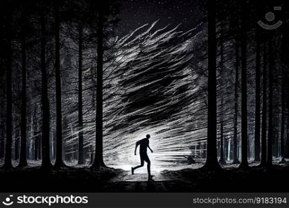 person, running through dark and mysterious forest, with long exposure of the stars shining in the night sky, created with generative ai. person, running through dark and mysterious forest, with long exposure of the stars shining in the night sky