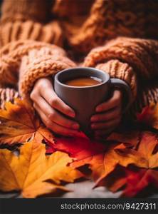 Person’s Hands Holding a Mug of Steaming Hot Beverage Amidst a Backdrop of Fall Foliage. Generative ai. High quality illustration. Person’s Hands Holding a Mug of Steaming Hot Beverage Amidst a Backdrop of Fall Foliage. Generative ai