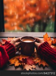 Person’s Hands Holding a Mug of Steaming Hot Beverage Amidst a Backdrop of Fall Foliage. Generative ai. High quality illustration. Person’s Hands Holding a Mug of Steaming Hot Beverage Amidst a Backdrop of Fall Foliage. Generative ai