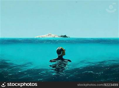 Person Snorkeling In Sea Against clear sky illustration. AI generative.