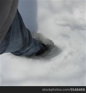 Person standing in deep snow, Hecla Grindstone Provincial Park, Manitoba, Canada