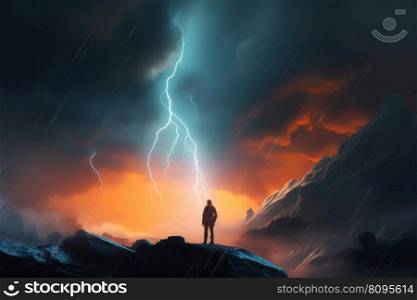 Person standing in front of storm. Sea sunset. Generate Ai. Person standing in front of storm. Generate Ai