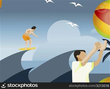 Person surfboarding with another playing with a beach ball