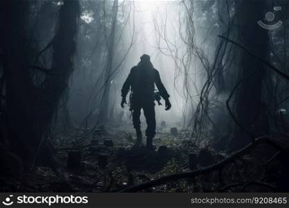 person, surrounded by dark and dangerous forest, fighting off evil forces, created with generative ai. person, surrounded by dark and dangerous forest, fighting off evil forces