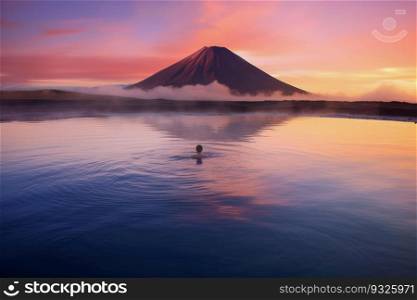 Person swimming in a hot spring enjoying the breathtaking view of a distant volcano. Generative AI. Swimming in a hot spring with volcano in the distance