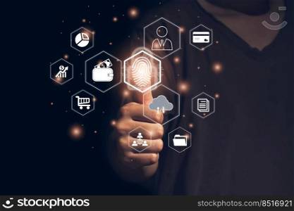 Person touching virtual screen to scan fingerprints, digital security management concept. Internet of things, business processes, storage systems, cloud computing, e-commerce, online transactions