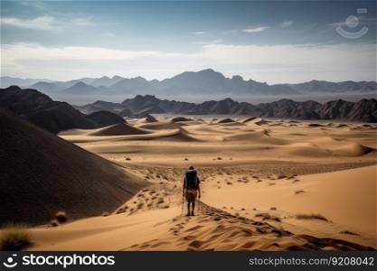 person, trekking through desert dunes, with view of distant peaks in the background, created with generative ai. person, trekking through desert dunes, with view of distant peaks in the background