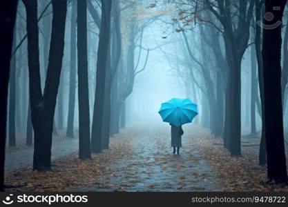 Person under blue umbrella walks in the park on a foggy day. Generative AI. Woman under blue umbrella walks in the park on a foggy day. Generative AI