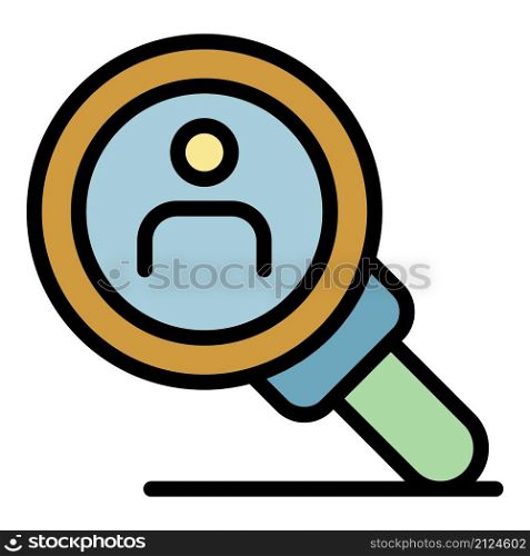 Person under the magnifier icon. Outline person under the magnifier vector icon color flat isolated. Person under the magnifier icon color outline vector