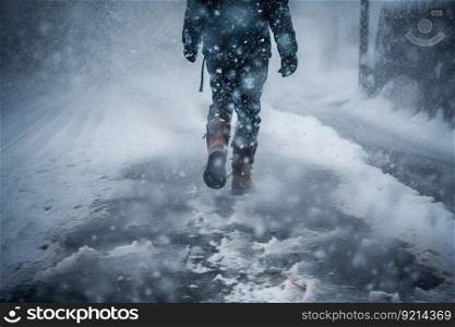 person, walking through blizzard, with ice and snow crunching underfoot, created with generative ai. person, walking through blizzard, with ice and snow crunching underfoot