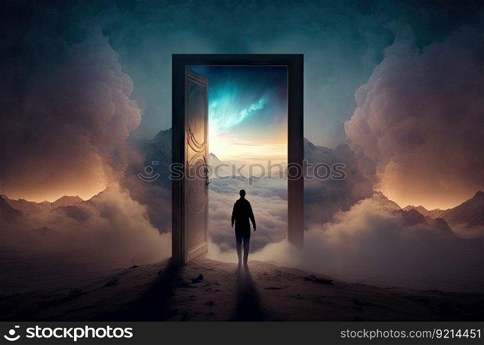 person, walking through the doors of heaven, with view of peaceful and serene landscape visible in the background, created with generative ai. person, walking through the doors of heaven, with view of peaceful and serene landscape visible in the background