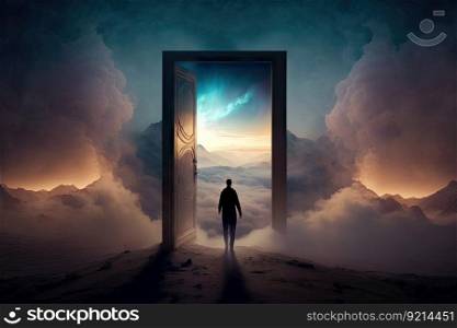person, walking through the doors of heaven, with view of peaceful and serene landscape visible in the background, created with generative ai. person, walking through the doors of heaven, with view of peaceful and serene landscape visible in the background