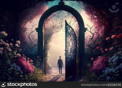 person, walking through the garden of paradise, with gate to heaven in the background, created with generative ai. person, walking through the garden of paradise, with gate to heaven in the background