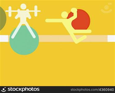 Person weightlifting with another throwing a ball