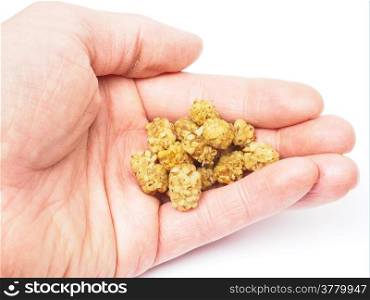 Person with dried mulberries in hand towards white