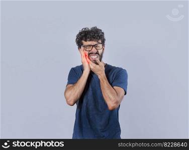 Person with pulpitis or toothache problem, Concept of people rubbing cheek with toothache, Handsome man with toothache isolated.