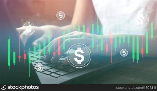 person working exchange at modern office.technical price graph and indicator, red and green candlestick chart and stock trading and bitcoin computer screen background. double exposure.