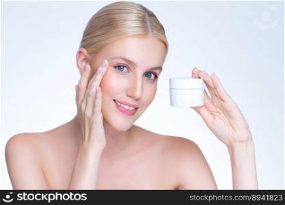 Personable beautiful perfect natural skin woman hold mockup jar moisturizer cream for skincare treatment product advertisement in isolated background with expressive facial and gesture expression.. Personable perfect skin woman holding mockup moisturizer product.
