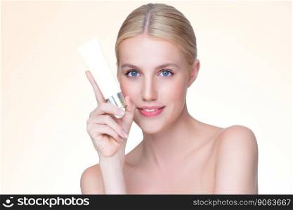 Personable beautiful perfect natural skin woman hold mockup tube moisturizer cream for skincare treatment product advertisement in isolated background with expressive facial and gesture expression.. Personable perfect skin woman holding mockup moisturizer product.