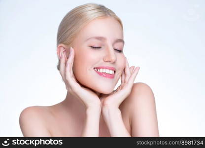 Personable beautiful woman portrait with perfect smooth clean skin and natural makeup portrait in isolated background. Hand gesture with expressive facial expression for beauty model concept.. Personable beautiful woman with perfect smooth skin portrait.