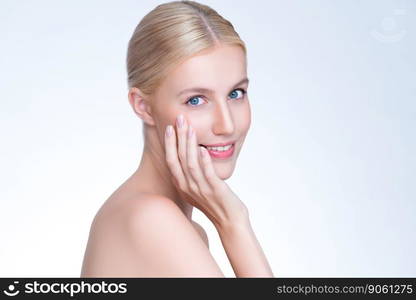 Personable beautiful woman portrait with perfect smooth clean skin and natural makeup portrait in isolated background. Hand gesture with expressive facial expression for beauty model concept.. Personable beautiful woman with perfect smooth skin portrait.