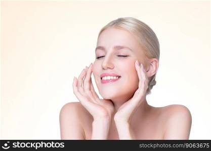 Personable beautiful woman portrait with perfect smooth clean skin and natural makeup portrait in isolated background. Hand gesture with expressive facial expression for beauty model concept.. Personable beautiful woman with perfect smooth skin portrait.