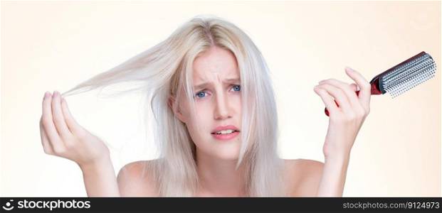 Personable beauty fresh clean skin woman having dry hair problem. Frustrated facial expression concept of damaged hair loss for sh&oo ads in copyspace isolated background.. Personable woman with cosmetic skin having dry hair loss problem.