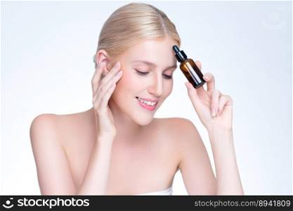 Personable portrait of beautiful woman applying essential oil bottle for skincare product. CBD oil dropper pipette for treatment and extracted cannabis concept in isolated background.. Personable beautiful woman holding CBD oil in isolated background.