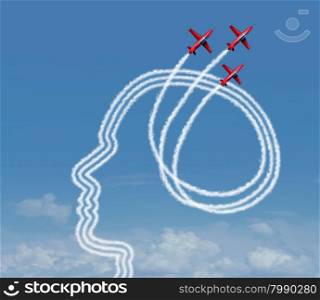 Personal achievement and career aspiration concept as a group of acrobatic jet airplanes performing an air show creating a human head shape for business vision success or learning potential metaphor.