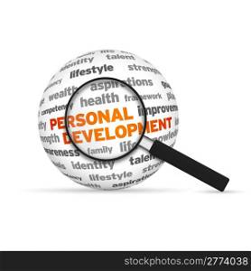 Personal Development 3d Word Sphere with magnifying glass on white background.