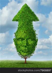Personal growth and leadership development as a business concept of achievements and success with a tree shaped as a human head and arrow going up to the sky as a symbol of growing and learning.