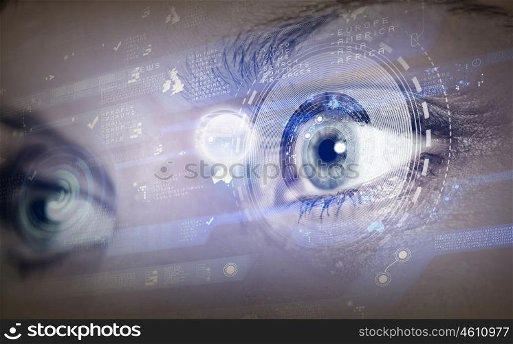 Personal identification. Close up of woman eye in process of scanning